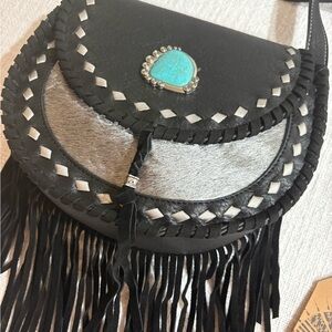 Catchfly studio Black Fringe Crossbody Bag with Turquoise Accent